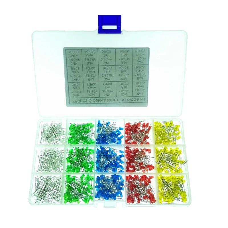 750PCS 3MM LED Light Emitting Diode Red Yellow Blue Green White LED Beads LED Sample Pack Short Pin Box