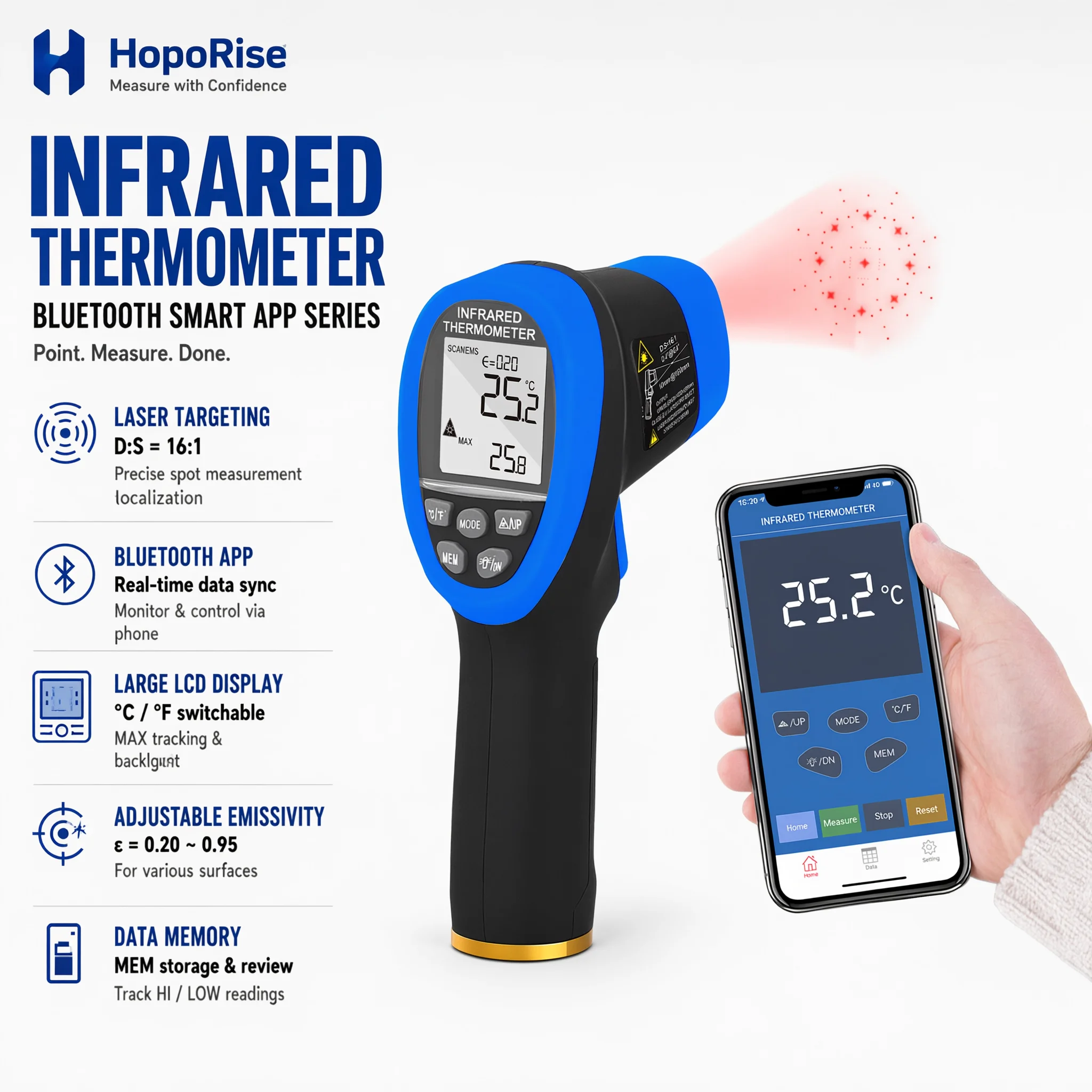 Digital IR Thermometer -50℃ to 800℃ with Bluetooth APP 16:1 Laser Pointer Backlight Adjustable Emissivity Alarm for HVAC