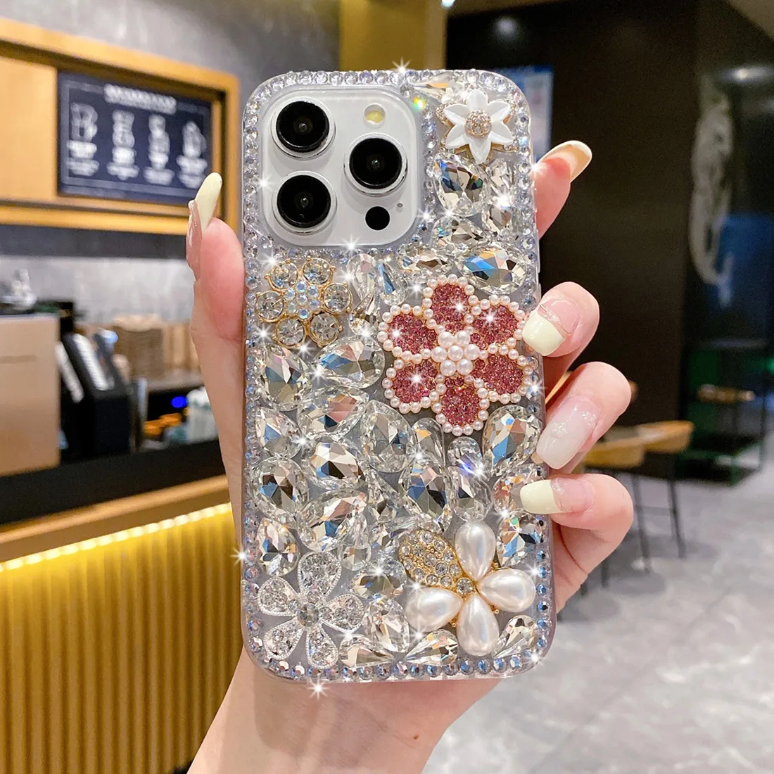 

Блестящий розовый жемчужный цветок, серебряный бриллиантовый блестящий чехол для iPhone 17, 16, 11, 12, 13, 14, 15 Pro Max 7 Plus XR XS, роскошный чехол со стразами