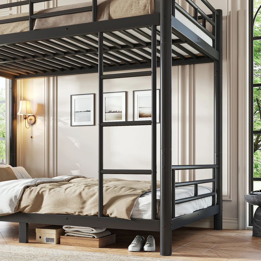 Black Twin XL Over Twin XL Metal Bunk Bed with Round Tube Frame, Separates Into Two Independent Twin XL Beds, Noise Reduced Construction, Space Saving Design for Teens Adults, No Box Spring Needed, Sturdy Bedroom Bunk Bed Frame view 6