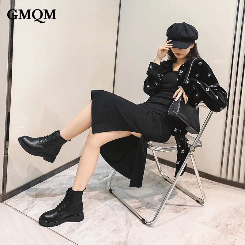 GMQM Brand Genuine Leather Boots Women Shoes Fashion Women\'s Loafers Shoes Platform Thick-Soled Round Toe Lace-Up British Style