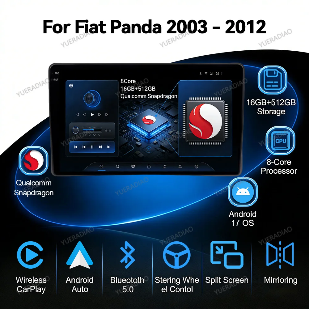 Android 17 Car Radio For Fiat Panda 169 2003 2004 2005- 2012 Carplay Automotive SWC Carplay Multimedia Central 2K QLED DVD BT FM