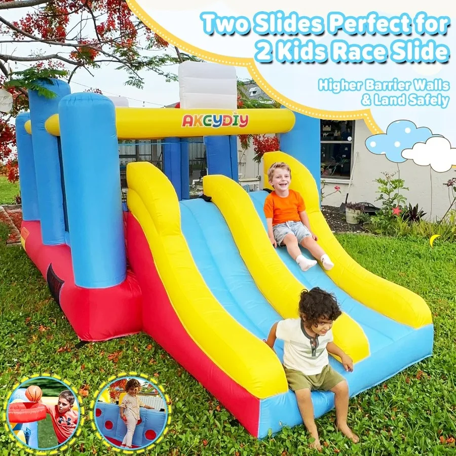 Opblaasbaar springhuis voor kinderen van 3-10, met ventilator, 15x7,8x7,5 ft springkasteel met groot springgedeelte, dubbele glijbanen, 2 basketbal