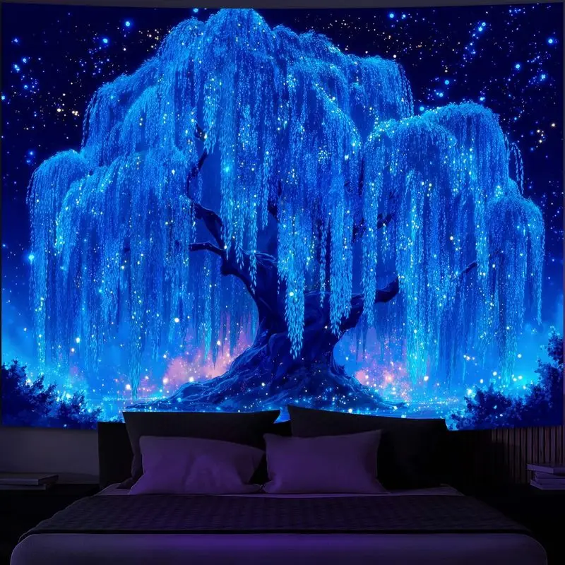 VIKAMA Azure Shimmering Weeping Willow Star Filled Sky Fluorescent Tapestry UV Glow Wall Mural Living Room Decor Soft Durable