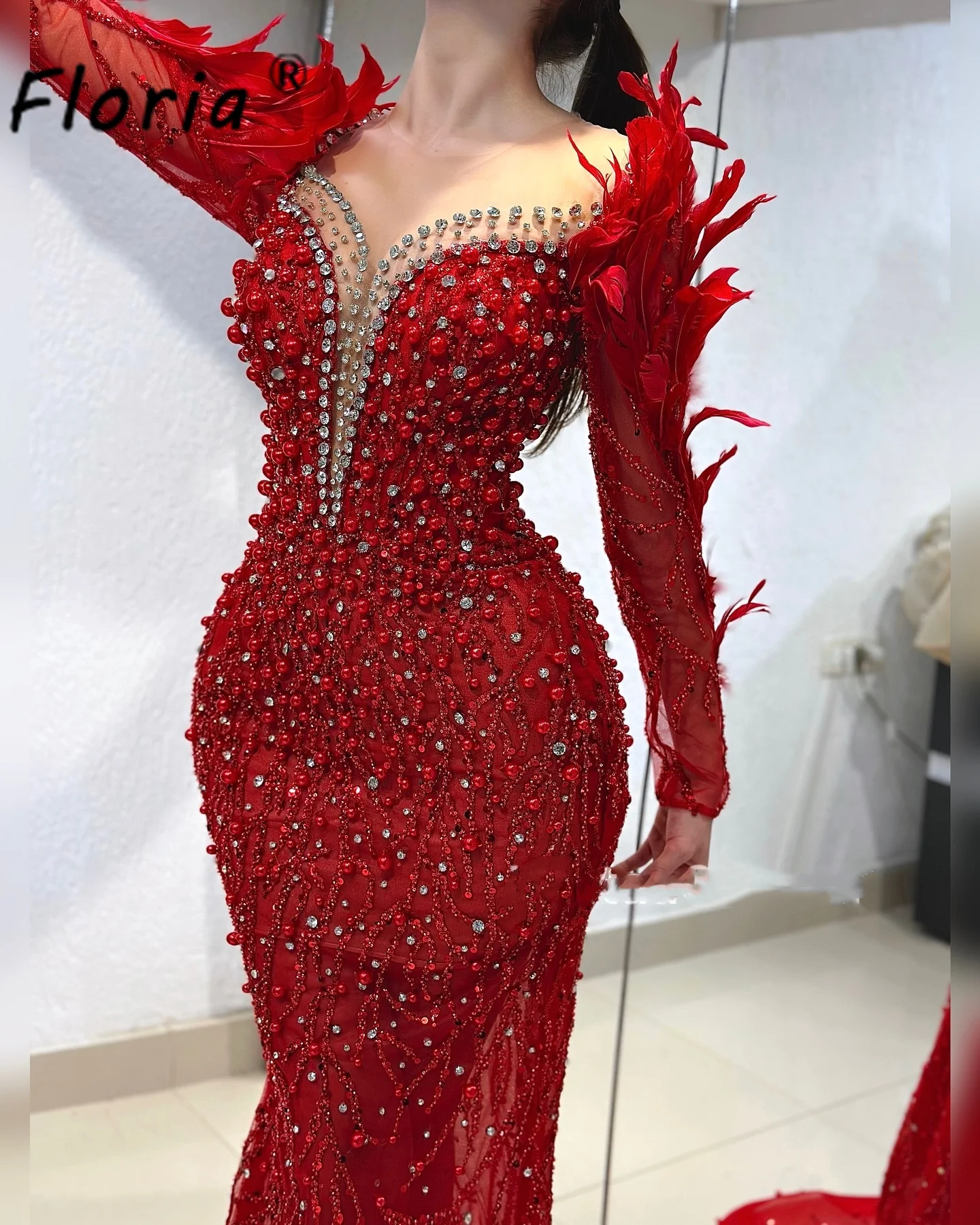 Modest Red Mermaid Wedding Dress Pearls Feather Mermaid Woman Formal Party Dresses Beads Long Sleeve Evening Dinner Party Gowns