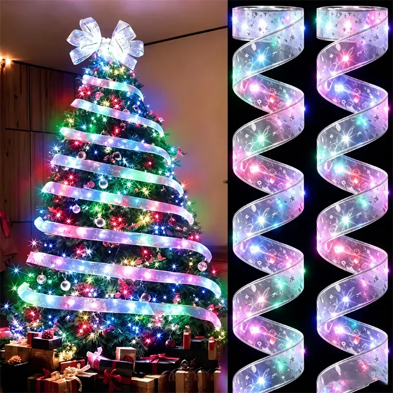 Christmas Tree Ribbon Lights String Shiny Wave Design LED Christmas Lights AA Battery Powered Decor New Year Halloween Wedding
