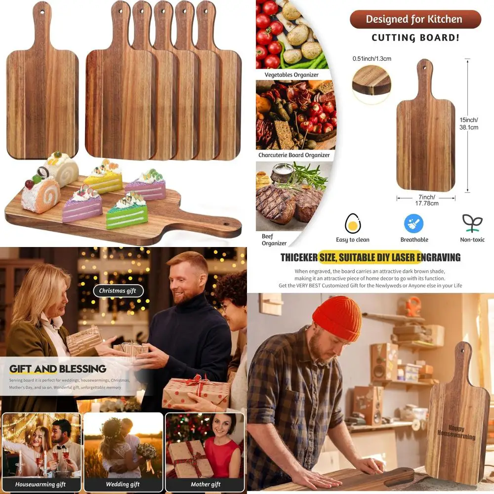 

Set of 6 Acacia Wood Cutting Boards, 15x7 Inches, Thick Chopping Platters with Handles for Kitchen Use, Engraving & Serving