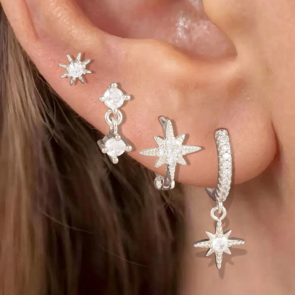 4PCS Luxury Stainless Steel Sun Ear Studs Set For Women Fashion Octagram Zircon Hoop Earring Hypoallergenic Daily Wear Jewelry