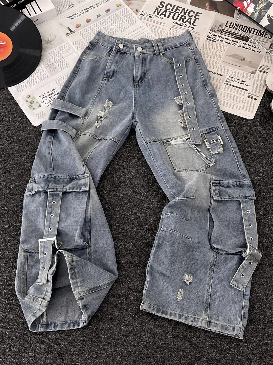 

Женские синие джинсы-карго Y2K оверсайз в стиле гранж, винтажные джинсы в стиле Харадзюку, хип-хоп, мешковатые рваные джинсовые брюки, альтернативная одежда