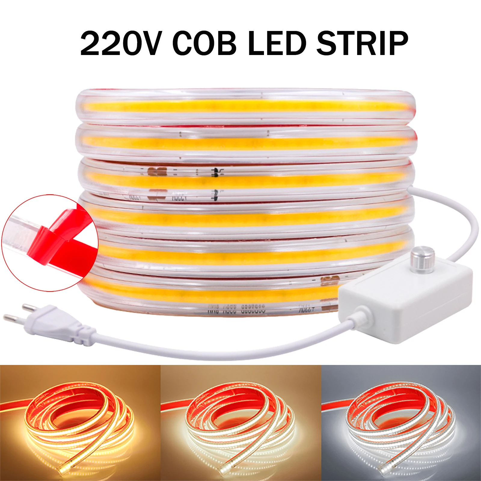 

220V COB LED Strip Light with Dimmer High Bright 288led/M COB LED Lights with Adhesive Tape Flexible Waterproof LED Ribbon EU UK