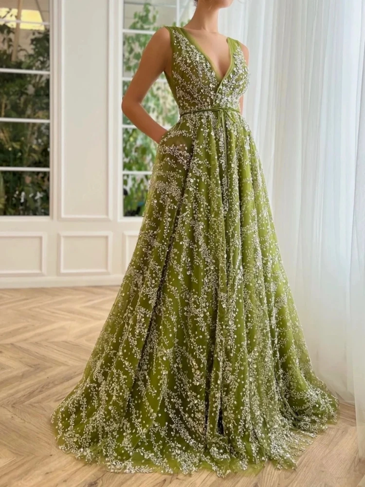 

Gorgeous Sage Women Evening Dress Formal Wear V Neck Sequined A Line Long Mother's Wedding Party Prom Occasion Wear Robe Soieree