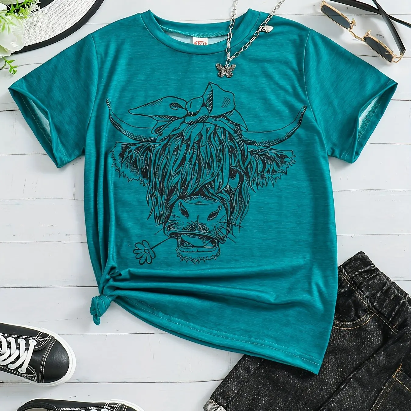 Children's Clothing Girl T-Shirt Short Sleeve Child T Shirt Adorable Cow Pattern Round Neck Kids Summer Clothes Casual Girl Tops