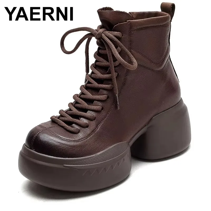 

2025 8cm Ankle Boots Spring Booties Genuine Leather Shoes Women Moccasins Ethnic Autumn Platform Wedge Comfy Bog Round Toe