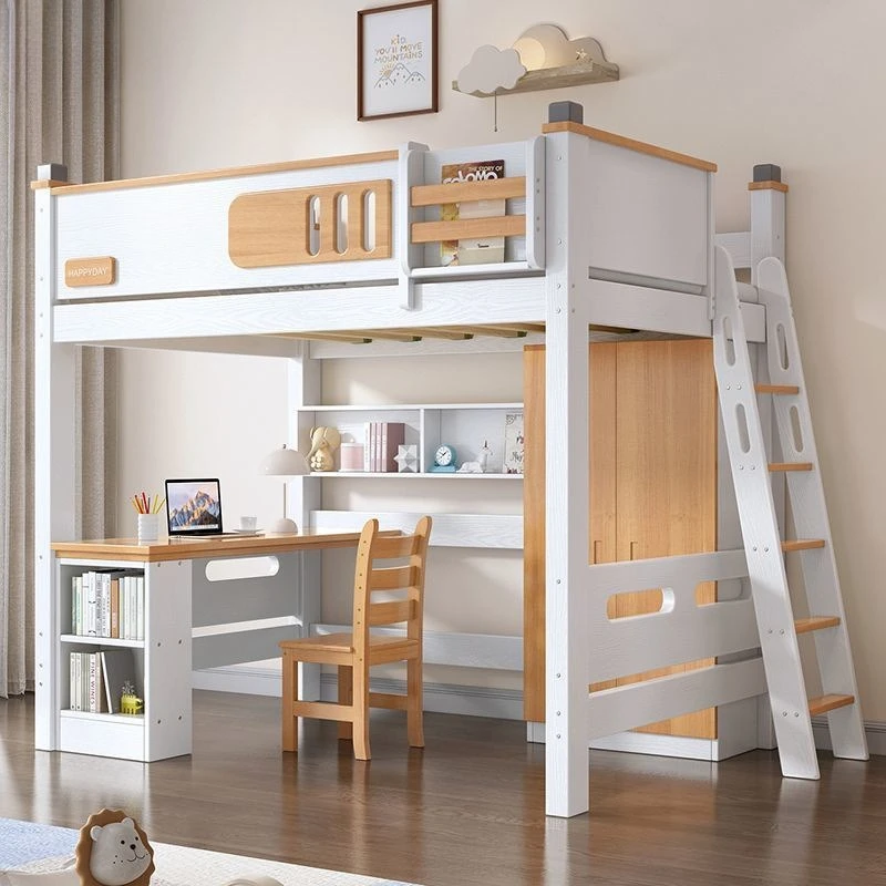 

Children's combination staggered bed and table all solid wood shelf bed small apartment elevated sheet upper bed double laye