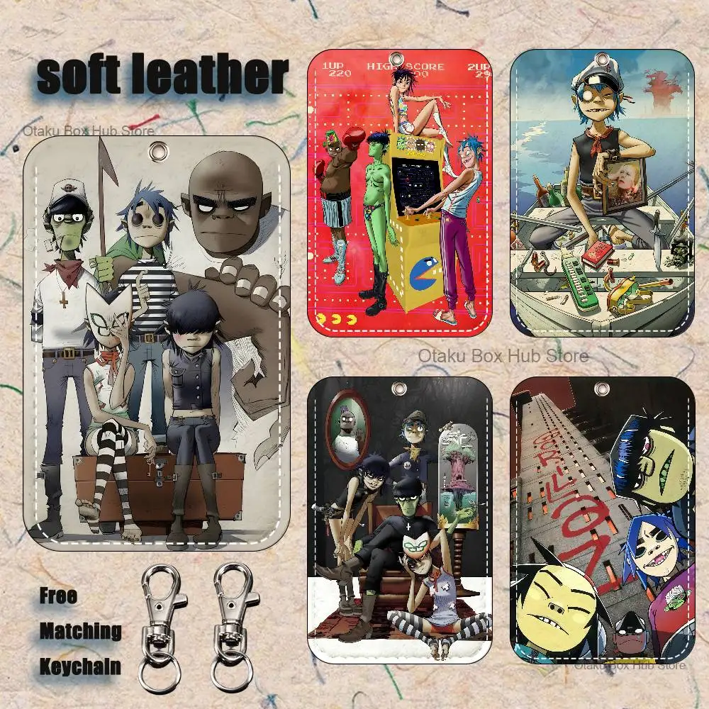 

G-Gorillaz Rock Band Pattern 1Pc PU Leather Card Holder Keychain Key Ring Door Lock Access Tags ID Card Case Keychain Card
