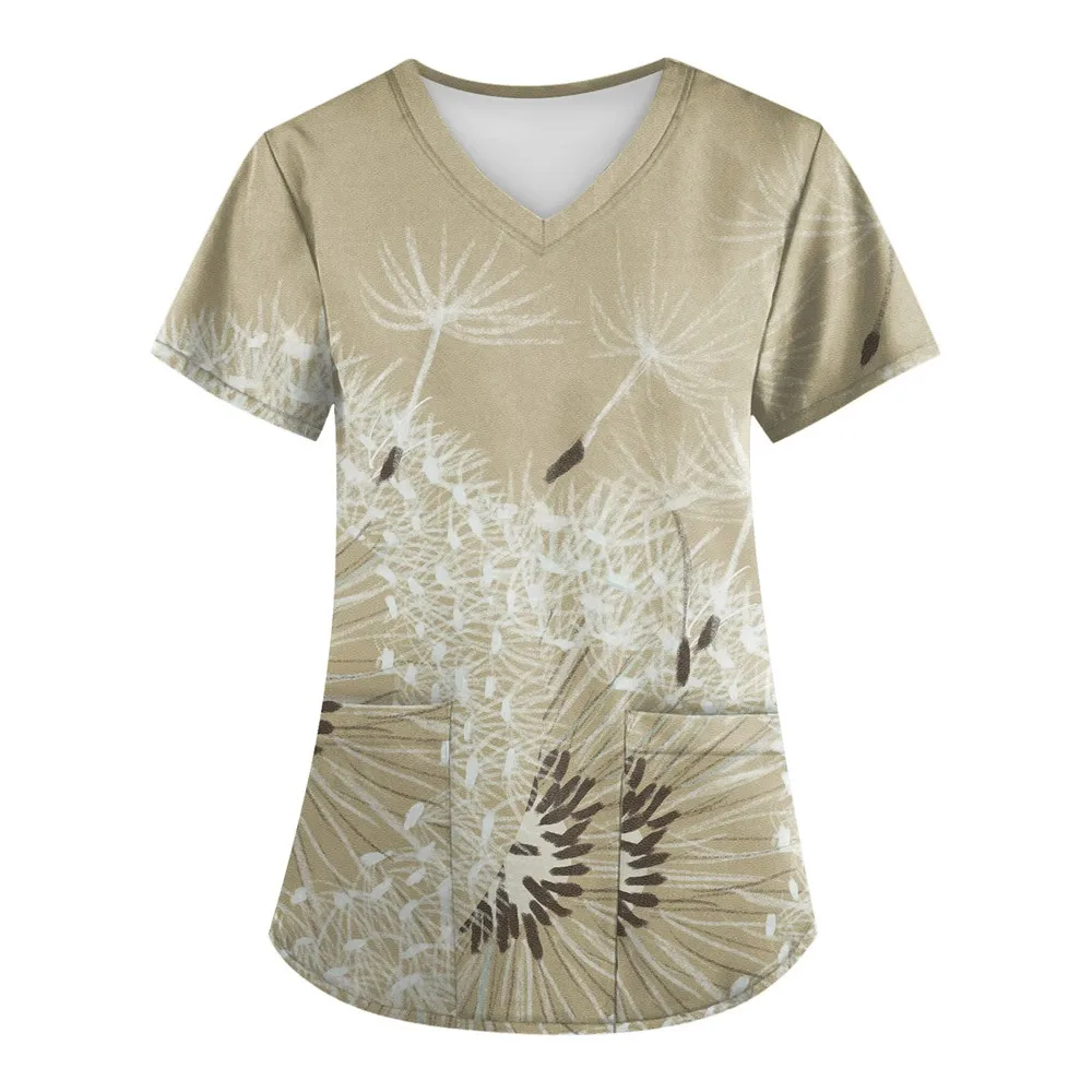 Dandelion Print Medical Uniforms Nursing Short Sleeve Tops V-Neck Patched Pocket Nursing Uniforms Women Working Clothes