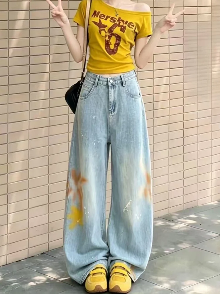 Retro American Hot Girl Graffiti Painted Denim Pants High Waist Wide Leg Jeans Women's Floor Length Trousers Fall New Style