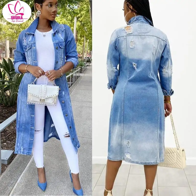 SUSOLA Autumn Women Sexy Ripped Denim Jackets Lady Vintage Casual Long Jean Jacket Winter Female Long Sleeve Coat Streetwear