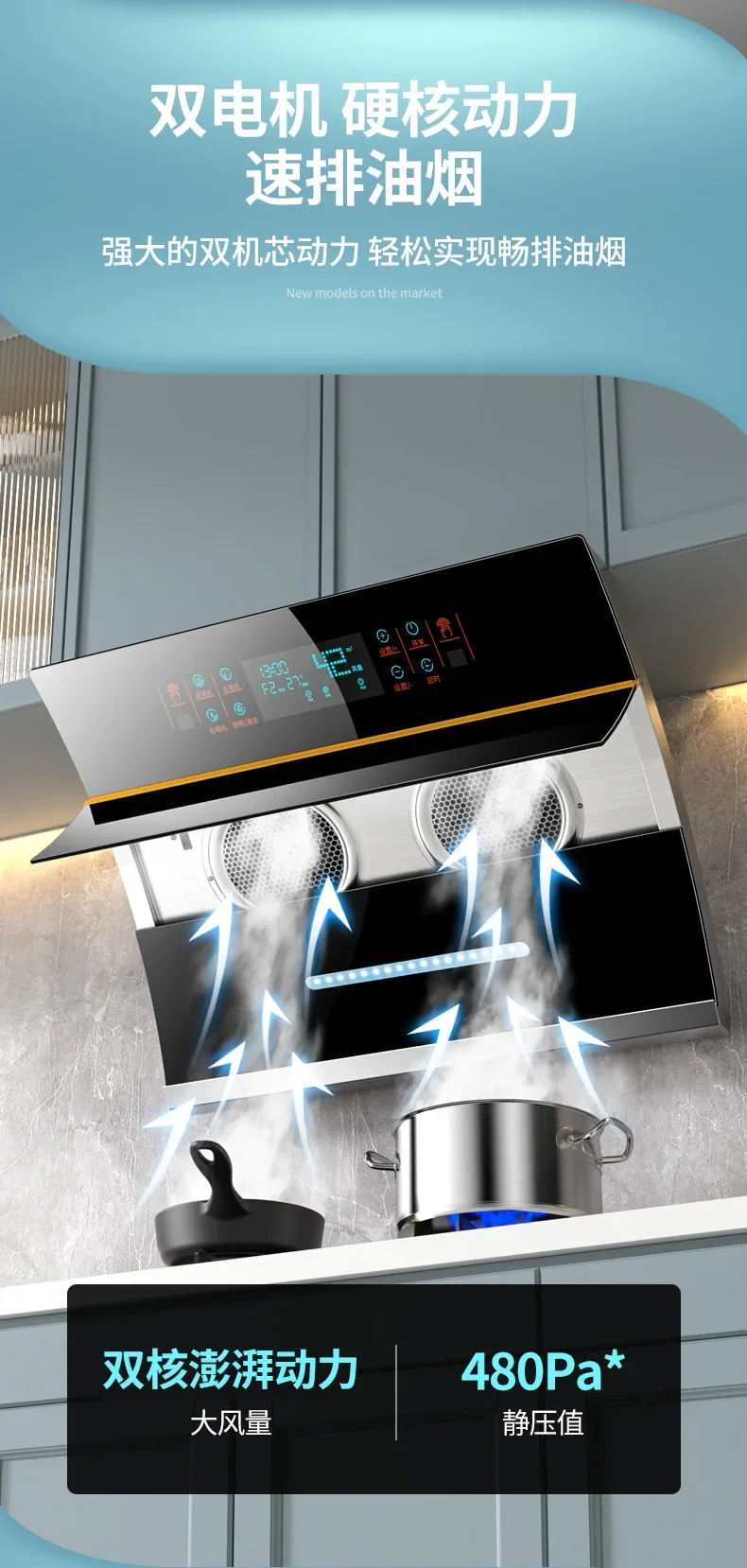 220V Royalstar Dual Motor Range Hood Powerful Kitchen Extractor Side Suction No Disassembly Cleaning AB