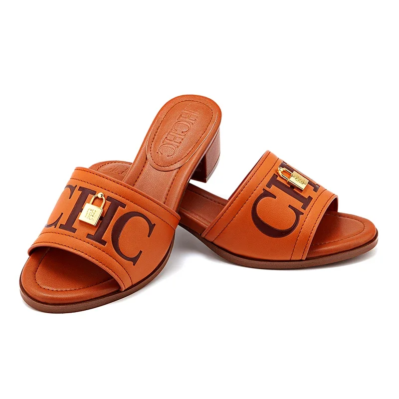 CH Fashion Monogram Print Elegant Design Women's Low Heeled Slippers Solid Color High Quality Metal Lock Simple Single Shoes