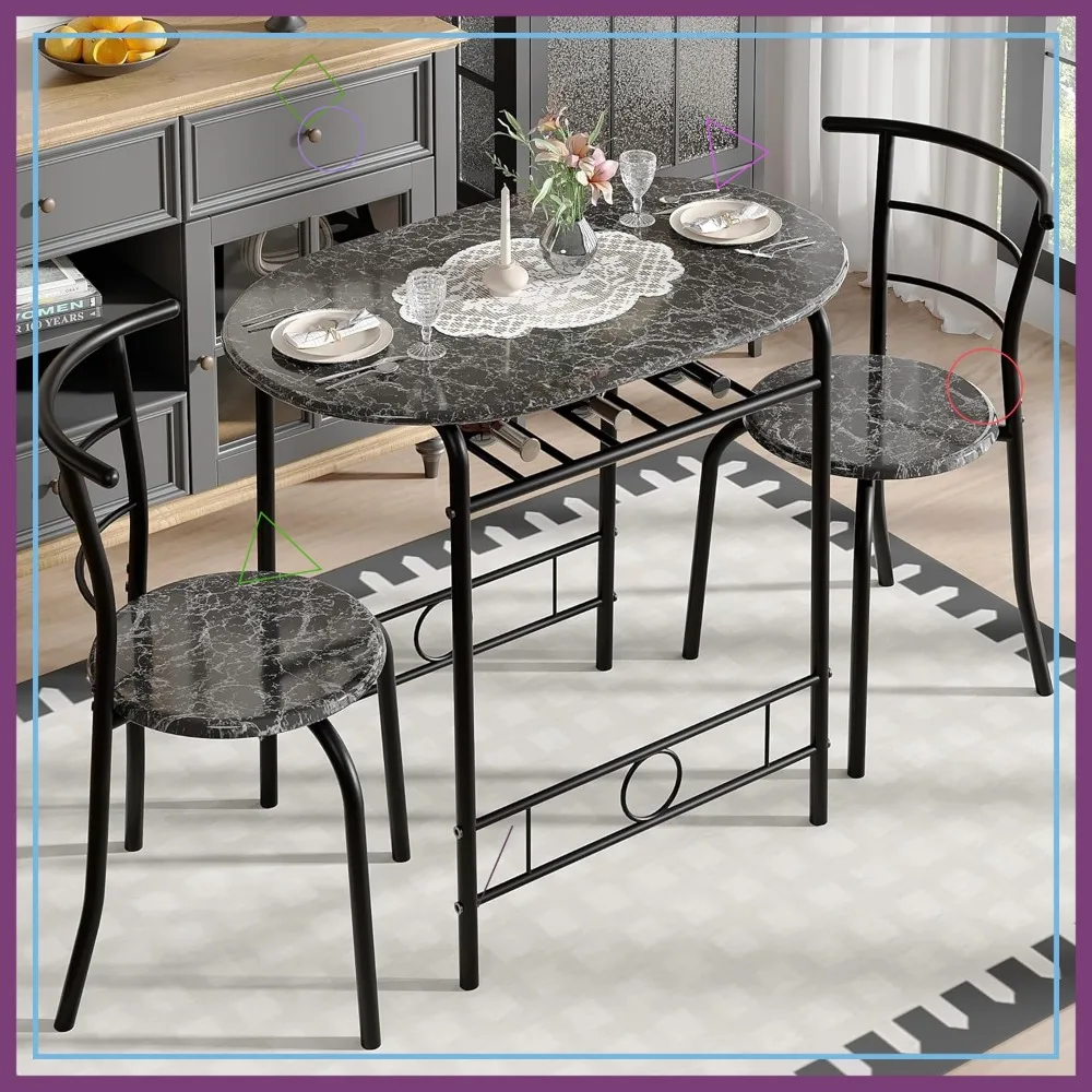 

3-Piece Dining Table Set with Wine Rack, Oval Wood Grain Top & Metal Frame for Small Spaces
