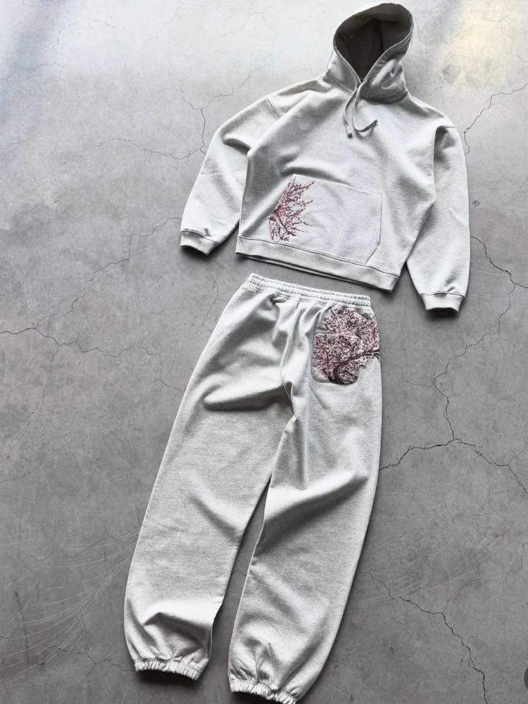 ديبتاون رمادي عتيق زهر البرقوق التطريز المرأة رجل هوديس Harajuku أسود الركض بنطال ذو قصة أرجل واسعة المتضخم الهيب هوب الشارع