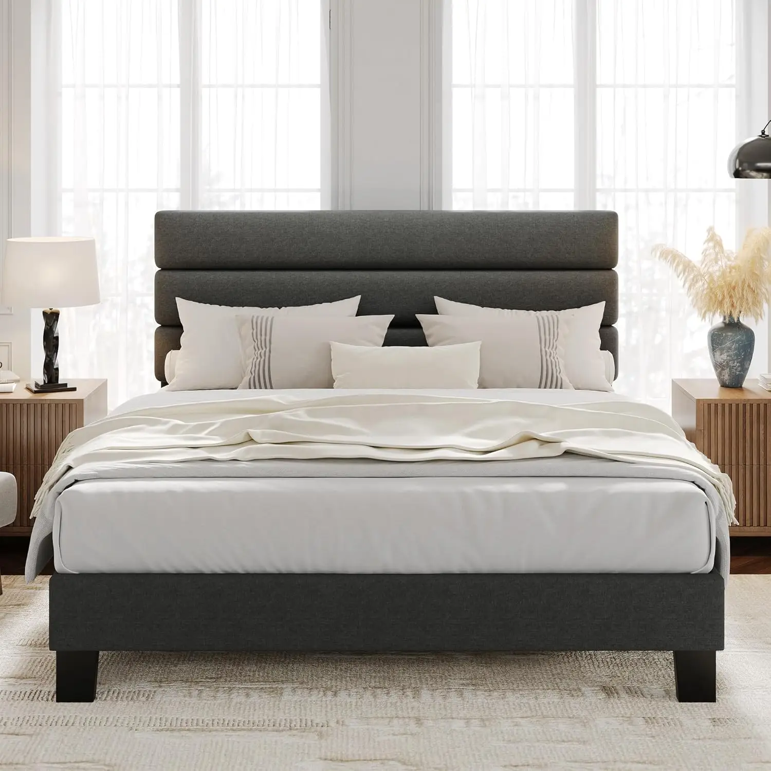 Bed Frame with Adjustable Headboard, Upholstered Queen Size Platform Bed Frame with Wooden Slats Support Noise-Free, Dark Grey