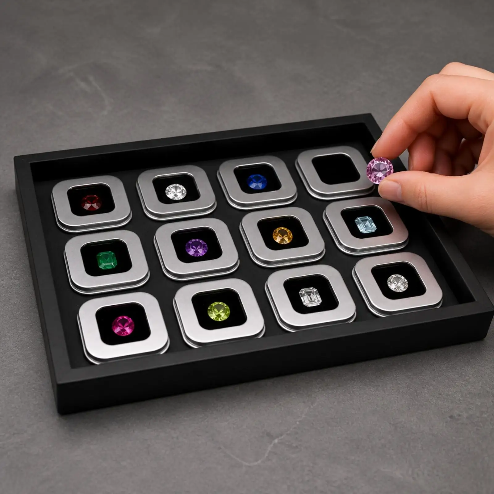 Square Jewelry Display Tray for Loose Gemstone Storage PU Leather Organizer Box with Compartments for Counter Showcase and