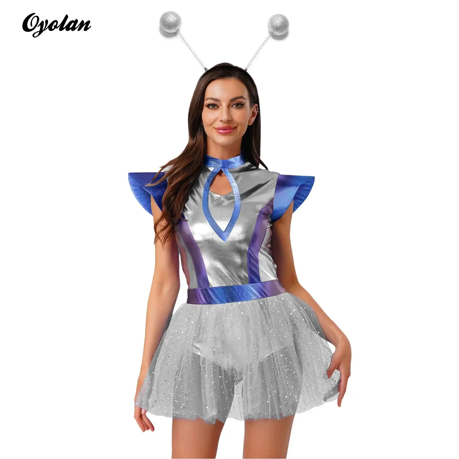 Costume de cosplay spatial pour femme, robot extraterrestre, astronaute, cadet, tulle métallisé brillant, ourlet, combinaison mignonne extraterrestre avec couvre-chef