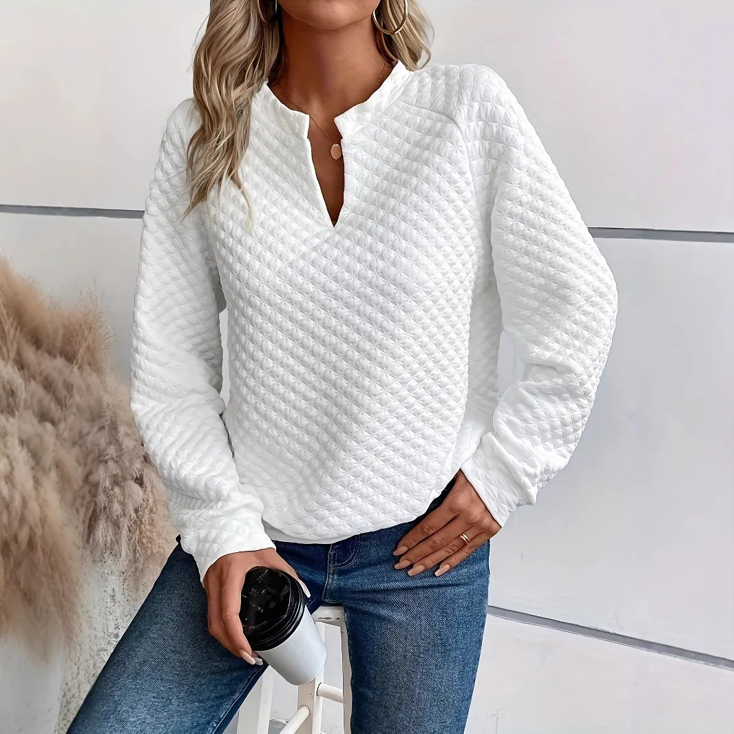 

Women's 2025 Autumn New Casual Sweatshirt Solid Color Deep V Neck Patchwork Long Sleeve Design Top