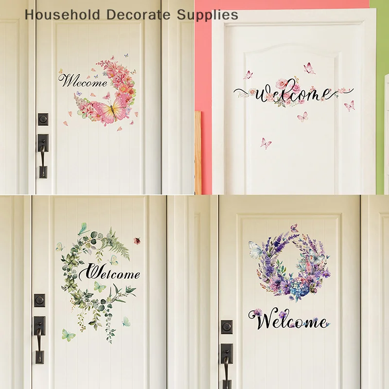 A Variety Of Flowers Butterfly English Welcome Green Plant Door Pasting Living Room Bedroom Home Decoration Wall Pasting