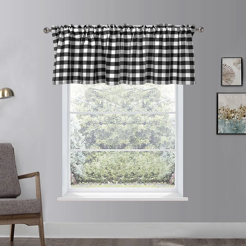 2X Buffalo Plaid Valances For Kitchen Farmhouse Check Plaid Valances For Window Treatment Decor (Black And White)