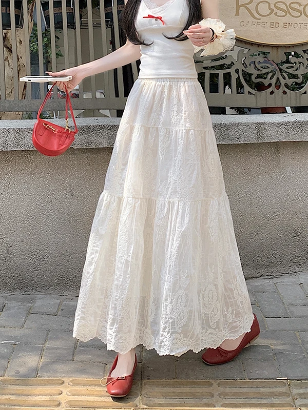 

Spring 2026 High Waist A-Line Midi Skirt White Embroidered Floral Embossing Elastic Waist Women's Half-length Skirts