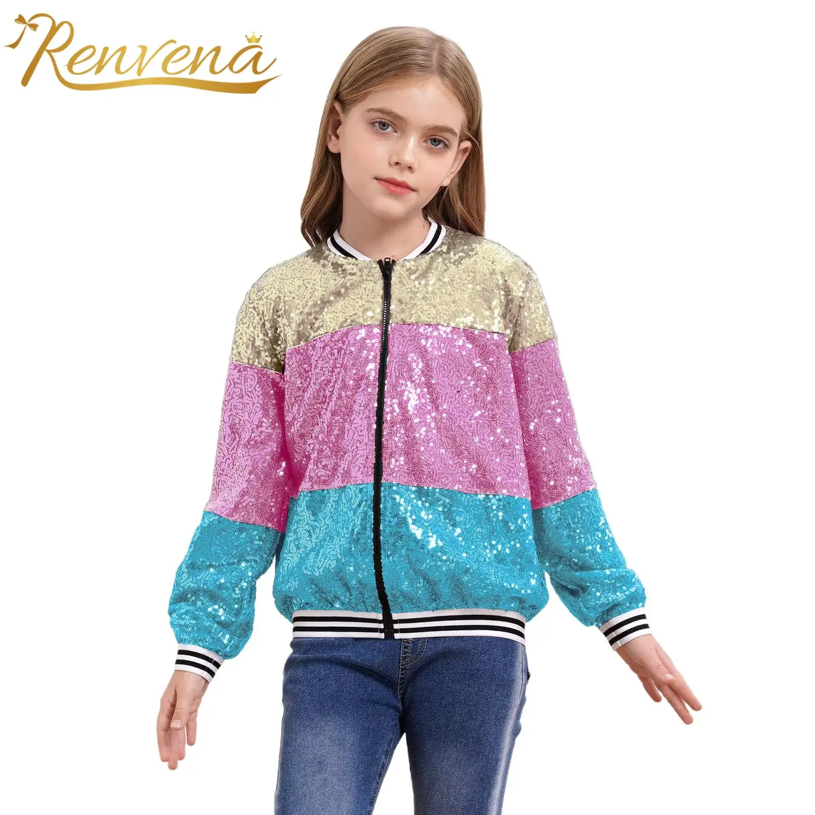 Fashion Girls Baseball Jacket Metallic Sequin Coat Children Color Block Outerwear Rave Disco Party Birthday Jazz Dance Costume