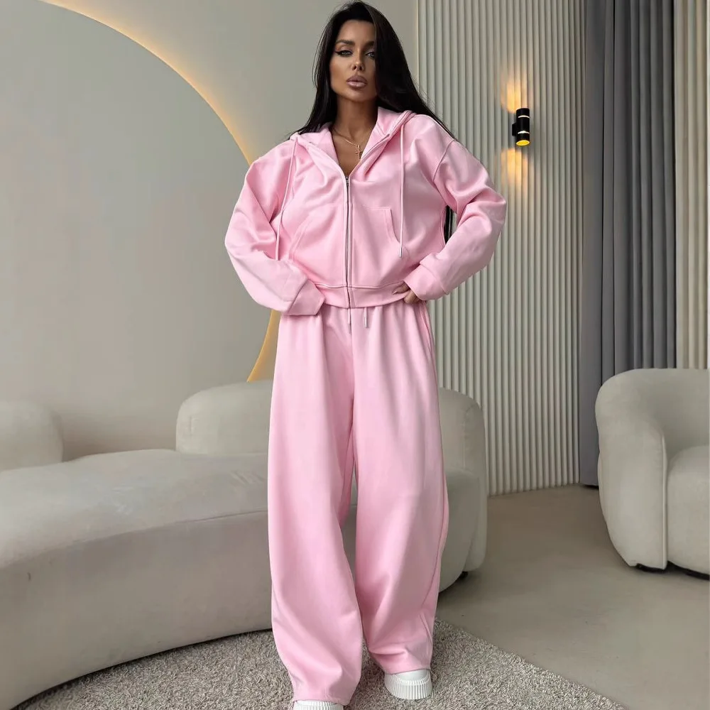 Europe, America, Sports Suit, Long-sleeved Zipper Cardigan, Hooded Sweater, Lace-up Trousers, Two-piece Set Of Cotton.