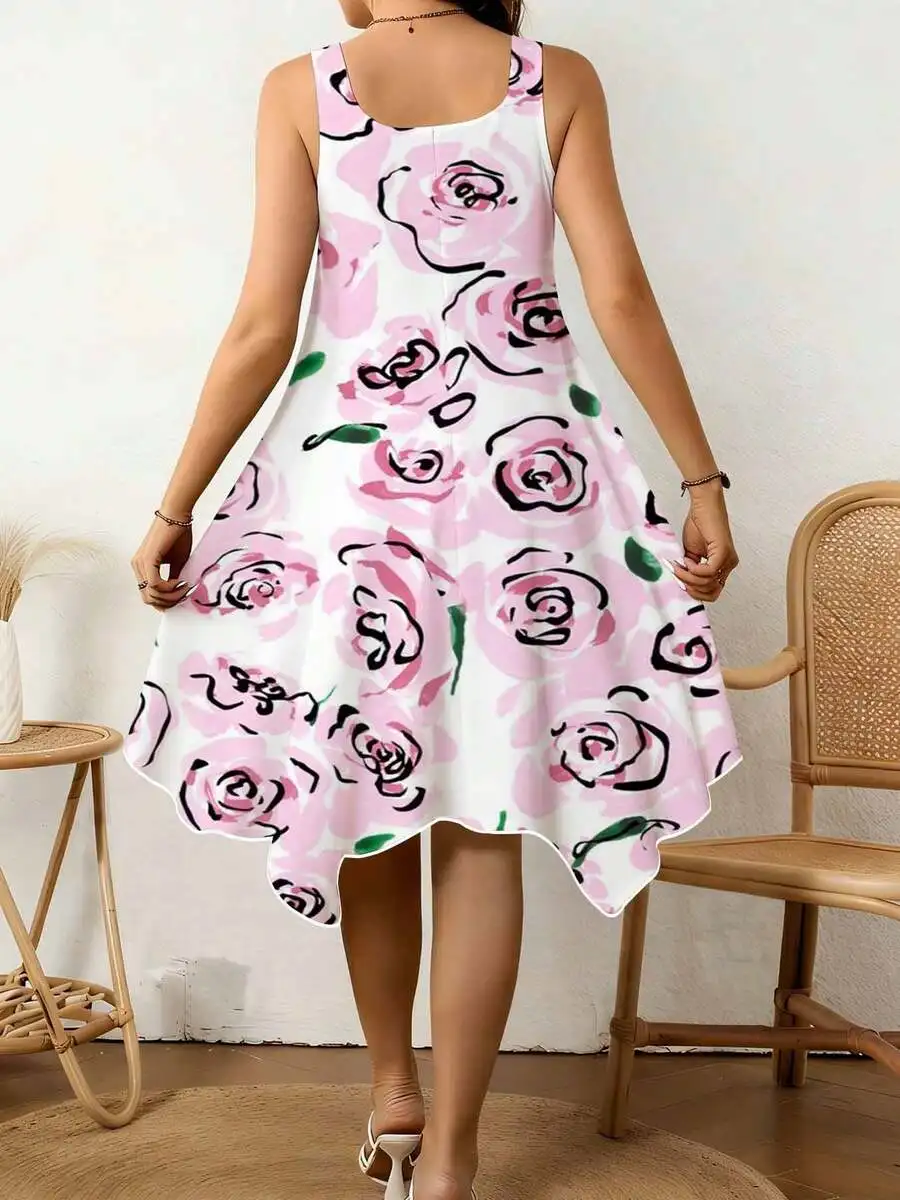 

Women V Neck Irregular Hem Pink Rose Floral Print Summer Dress Casual Beach Vacation Wear