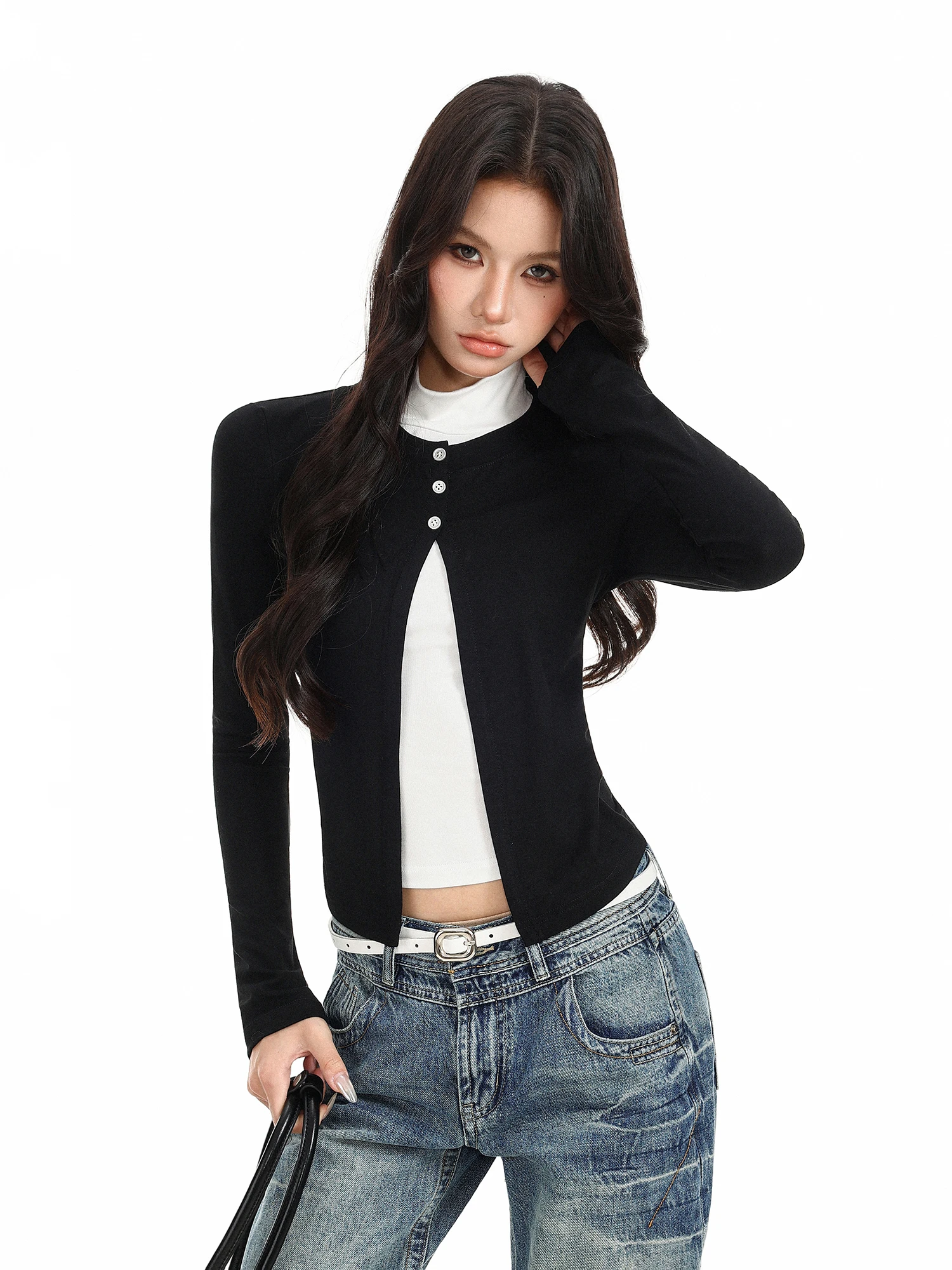 Biggold Design Split High Neck Long Sleeve T-Shirt Women's Autumn Slimming Base Layer Top Korean Style Creative Pattern