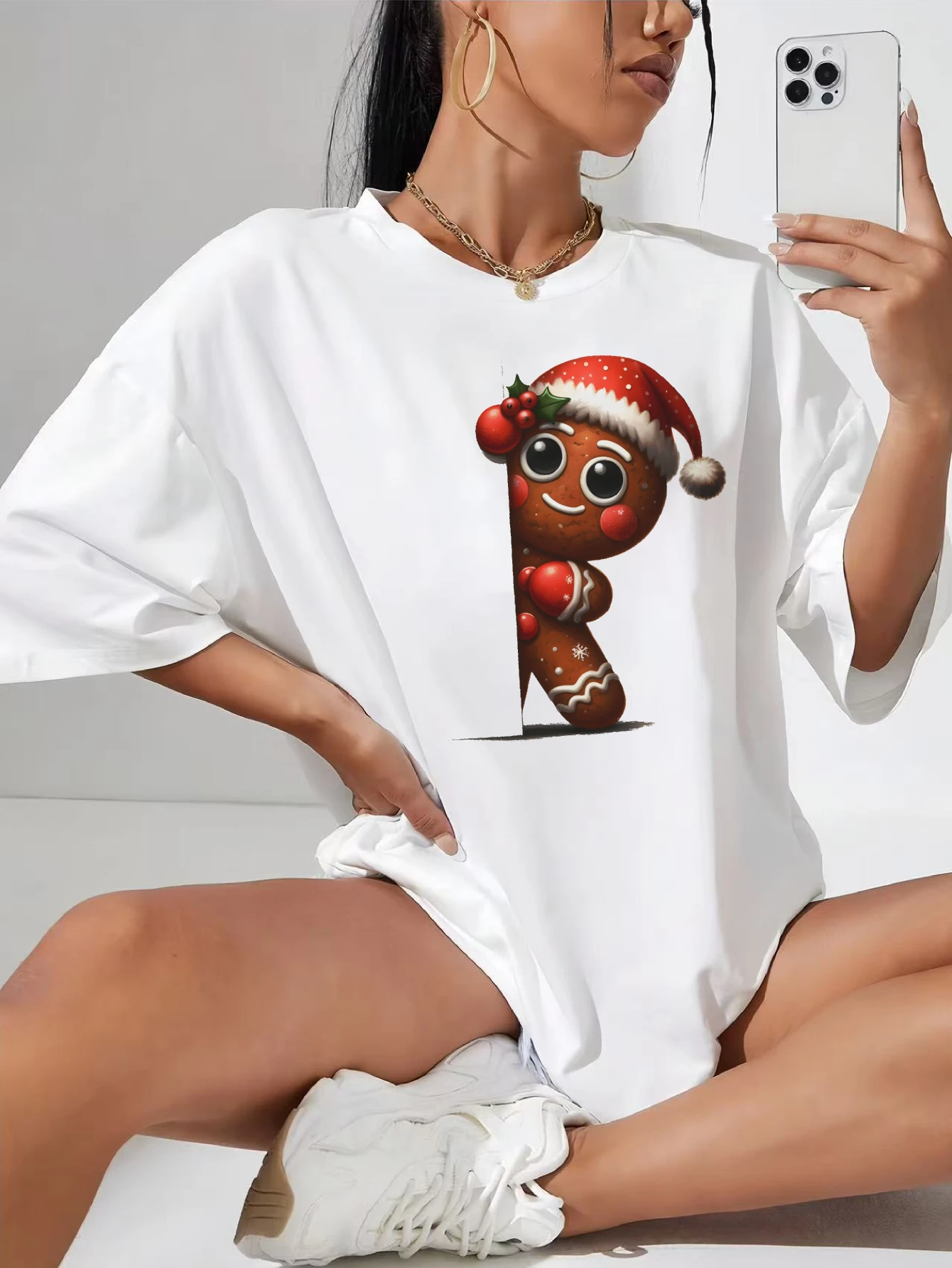 

Белая хлопковая футболка с рождественскими персонажами больших размеров на зиму, уютная, удобная на Рождество, поздняет беременность