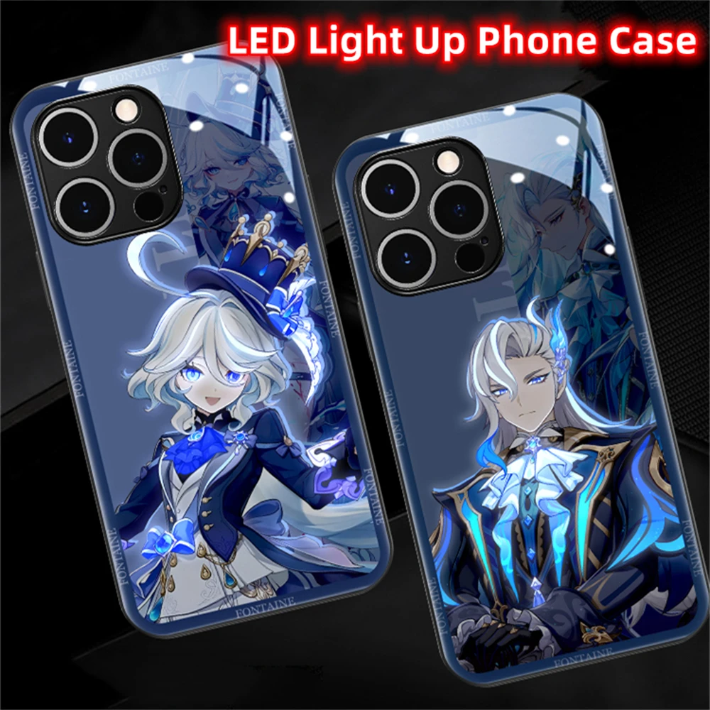 Genshin Funina Design Luminous Glass LED Call Light Up Flash Phone Case Cover For iPhone Air 17 16 15 14 13 12 11 Pro Max Plus