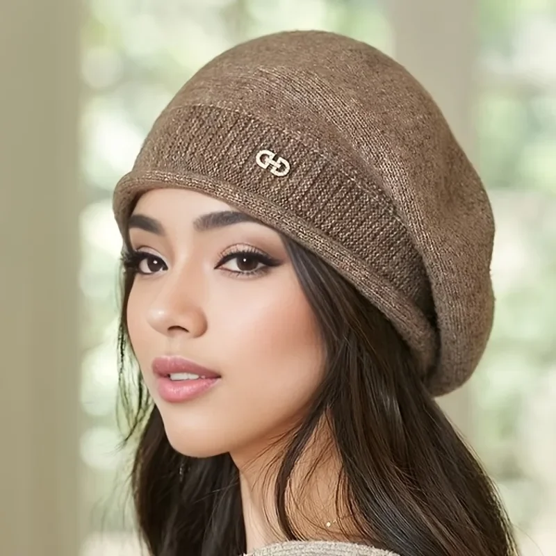 1pc, Women's Stretchy Fleece Beanie Hat with Pocket, Soft and Cozy Acrylic Knit Cap for Autumn and Winter