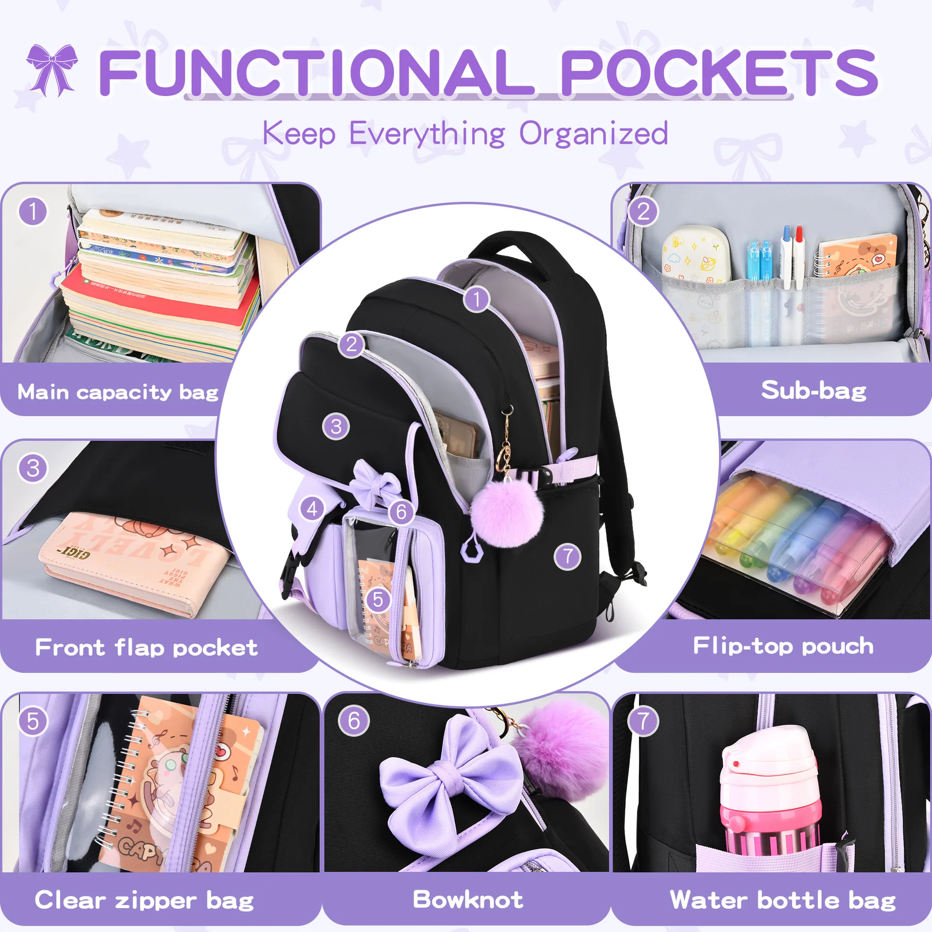 Elementary School Bag Multi-Pocket Girls School Backpack Spine Backpack Waterproof Bow Schoolbags Set For Outdoor Travel Daily
