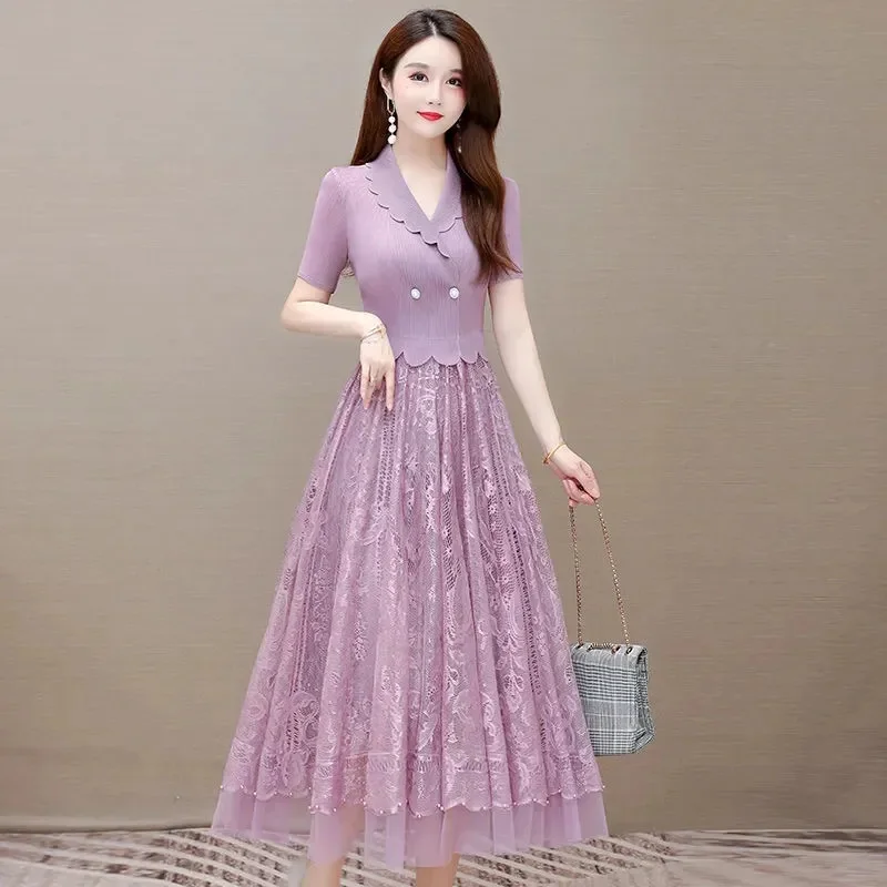 Anzug Kragen Patchwork Spitze Mesh Hohl Gefaltete Lange Kleid Frauen Sommer Neue Gefälschte Zwei-stück Damen Party Abendkleider vestidos