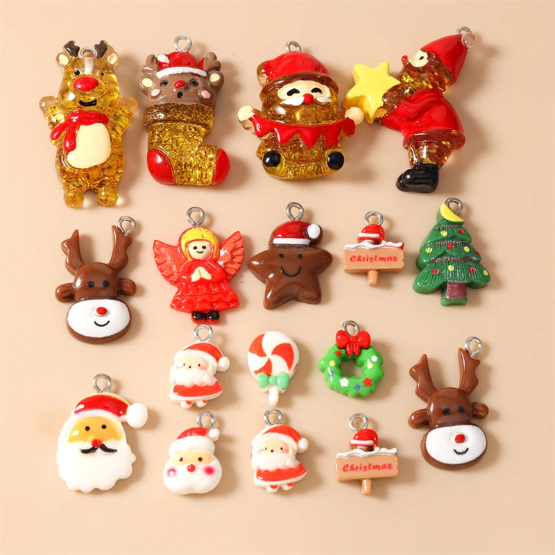 10 Stück niedliche Weihnachtsanhänger aus Kunstharz mit Weihnachtsmann, Rentier und Baum für die Herstellung von Halsketten, Ohrringen, DIY-Bastelarbeiten und Schmuckzubehör – Detail 1