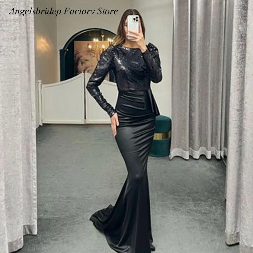 

Angelsbridep Dubai Mermaid Satin And Sequin Formal Evening Dresses Prom Gown Sweep Train Vestidos De Gala 2022 Robes De Soirée