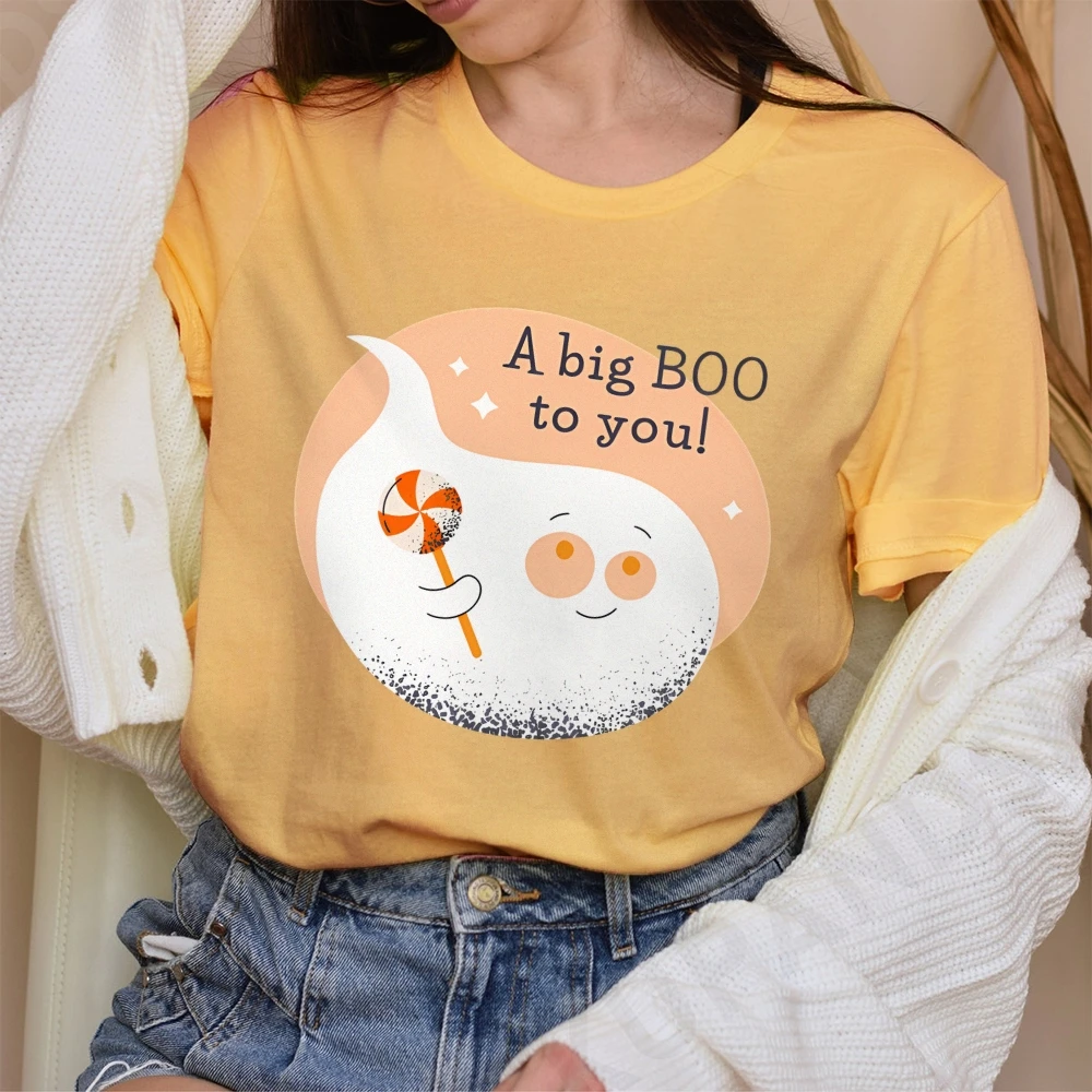 Y2K 코튼 캐주얼 여성 티셔츠 반팔 라운드 넥 장착 컬러 풀 한 귀여운 만화 할로윈 유령 A Big BOO To You