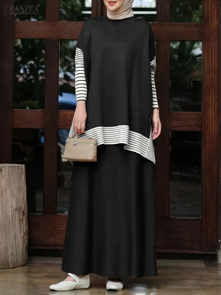 ZANZEA 2025 automne à manches longues Patchwork Blouse jupe costume tricoté ensembles assortis tenue d'hiver mode femmes musulmanes 2 pièces ensembles