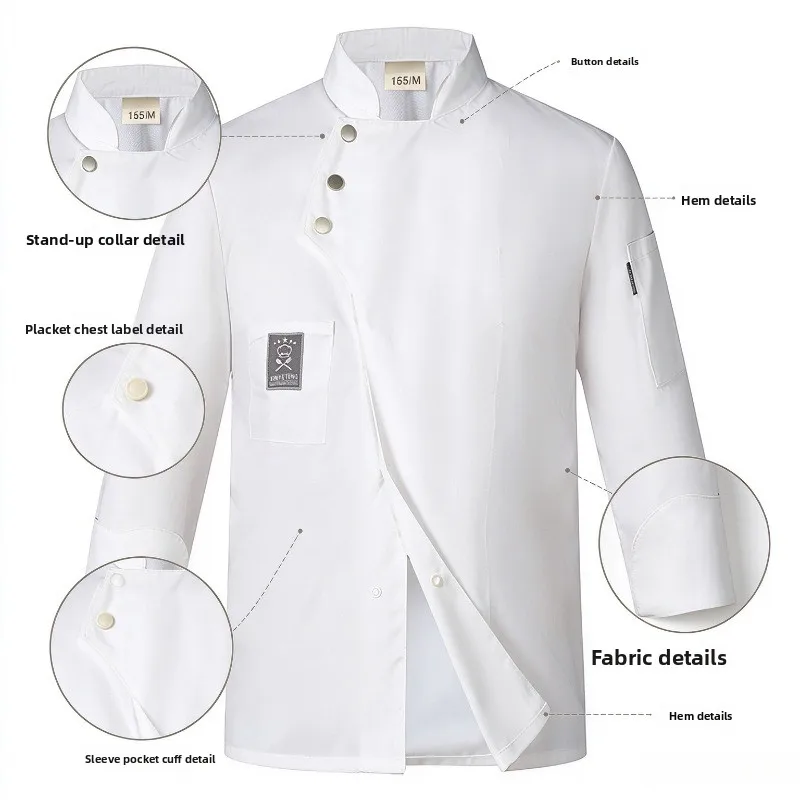 Long Sleeve Stand Collar Chef Jacket Asymmetric Button Cooking Uniform with Multi Pockets for Hotel Restaurant Kitchen