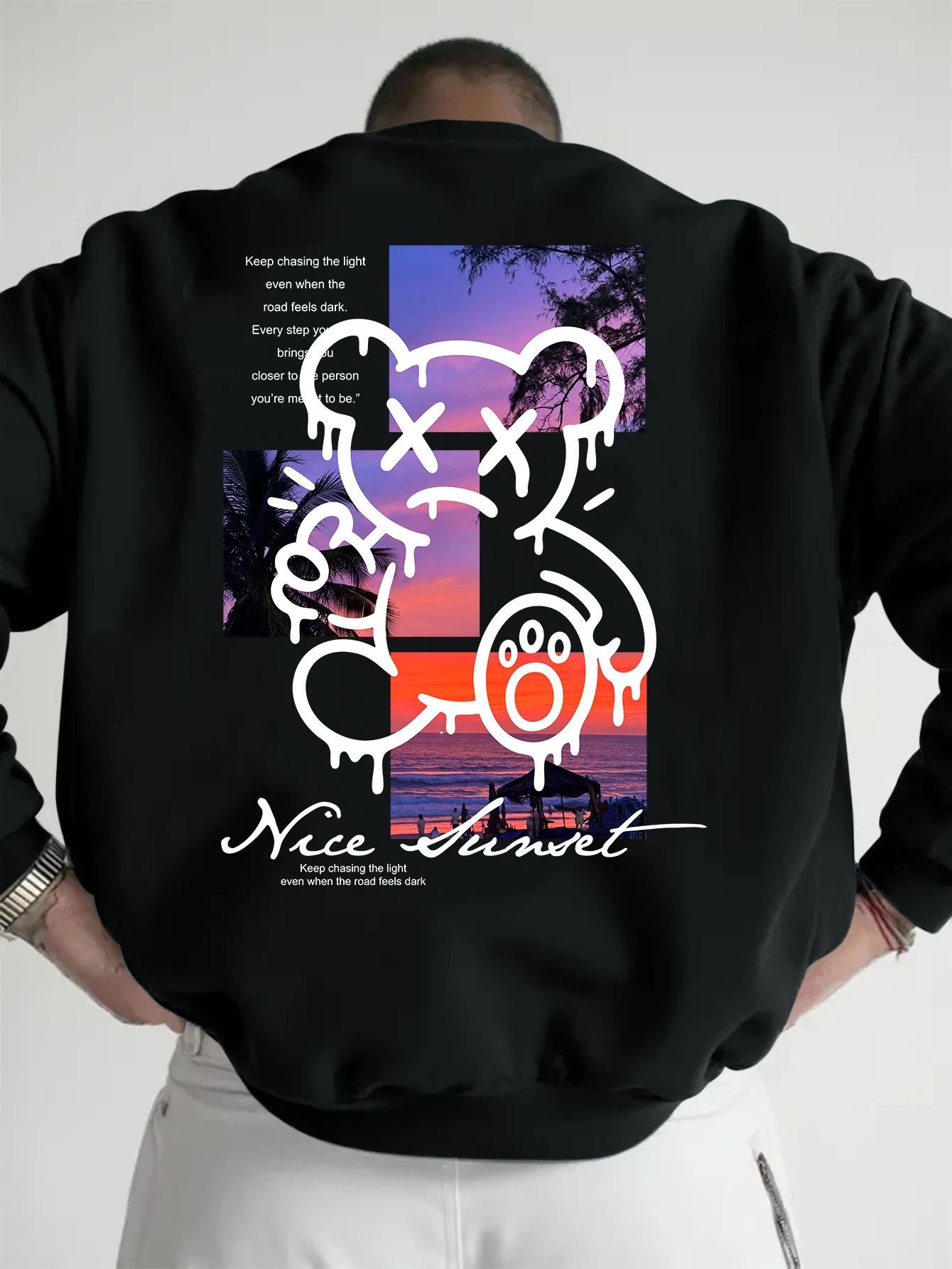 Y2K Trendy Men Sweatshirt, Sunset Beach Four‑Grid Collage XX‑Eye Graffiti Bear & 