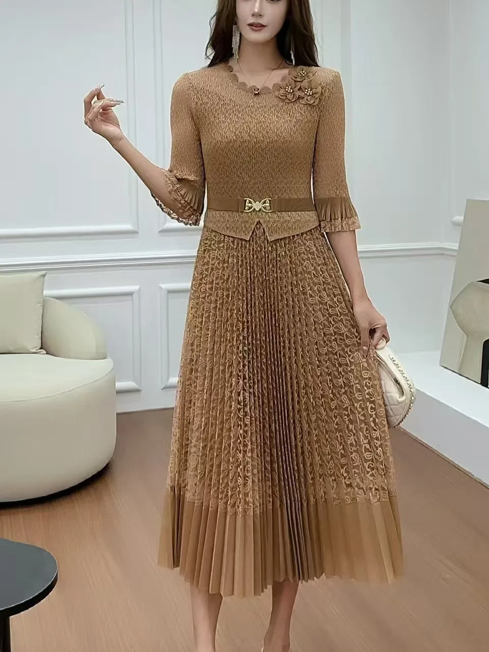 Spring Summer Lace Panel Slim Fit Petal Collar 3D Flower Decorated Pleated Skirt Dress Elegant Chiffon High Waist Business Ca...