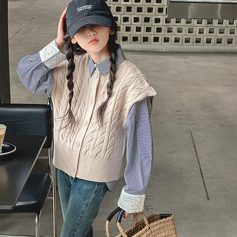 

Baby Girl Clothes Suit Girls Suit Autumn 2024 New Fashion Striped Shirt Sweater Vest Jeans Fashion Comfort Three-piece Set